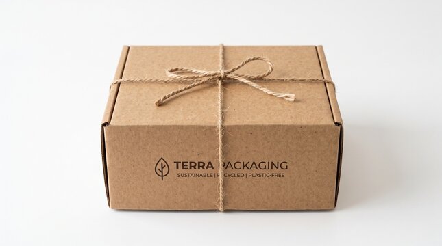A minimalist brown cardboard shipping box tied with simple jute twine, isolated on a clean white background, high-end sustainable brand presentation.