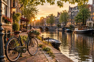 Obraz premium A picturesque sunset view of a canal in amsterdam with a bicycle parked on the cobblestone path by the water