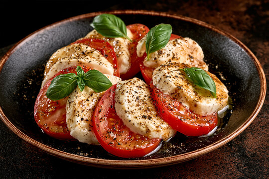 Caprese salad with sliced tomatoes mozzarella basil and olive oil on dark plate
