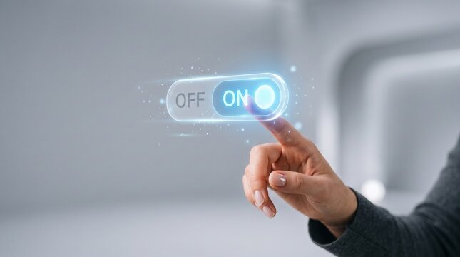 A human hand interacting with a floating, translucent digital toggle button on a soft grey background, futuristic yet clean.
