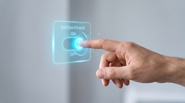 A human hand interacting with a floating, translucent digital toggle button on a soft grey background, futuristic yet clean.