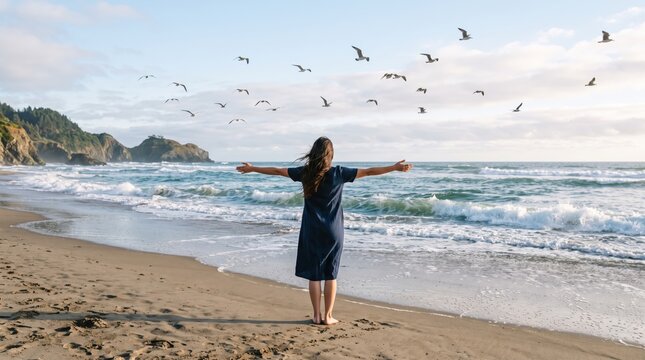 Woman standing on sandy beach with arms outstretched facing ocean waves and flying seagulls, embracing freedom, nature, travel lifestyle, mental health wellness concept