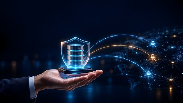 Hand holding a glowing secure server stack with shield emblem and global network connections