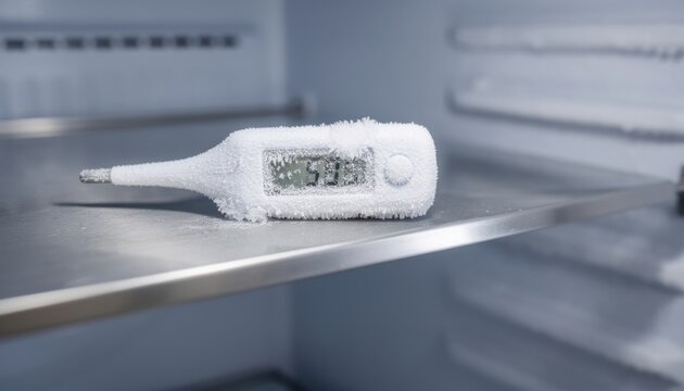 Frozen Thermometer in Freezer: A digital thermometer coated in frost sits on a shelf inside an open freezer, displaying a very low temperature, signaling extreme cold.