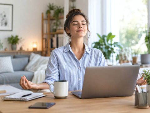 Remote worker meditating at home office for stress relief, mindfulness and work life balance