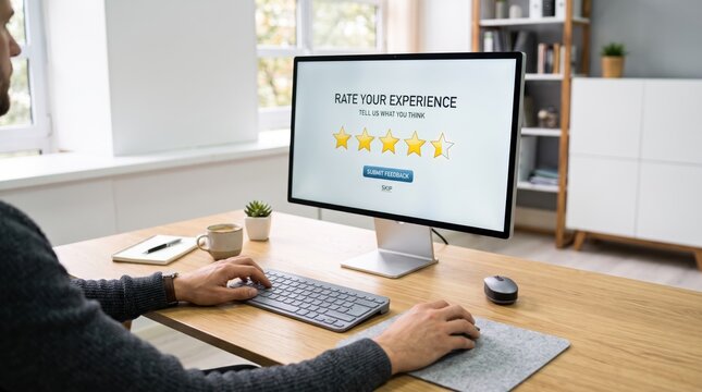 Man rating customer experience online using computer monitor with five stars feedback survey form, digital user satisfaction evaluation interface in modern office workspace environment today.