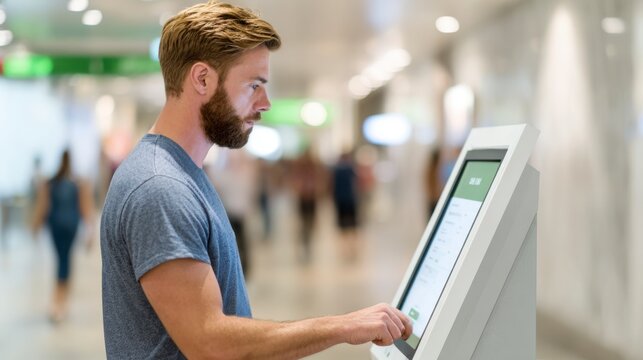 Man Interacting with an Interactive Kiosk in a Modern Public Space, Showcasing Technology Integration in Everyday Life
