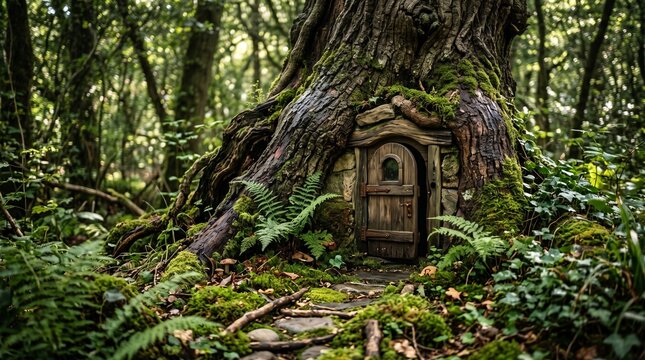 Fairy tale miniature wooden door embedded in an ancient mossy tree trunk