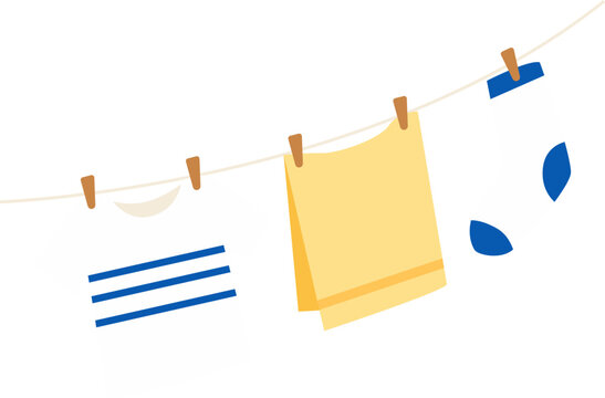 Laundry Hanging on Clothesline Flat Vector Illustration