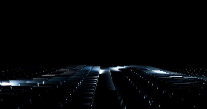 Camera sweeping over dark metal cubes floor creating dynamic wave patterns and bright light reflections
