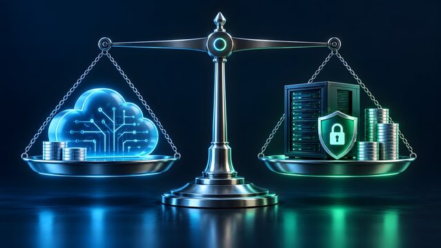 3D silver balance scale comparing cloud computing network and physical data server with security shield and coins, representing IT infrastructure cost analysis.