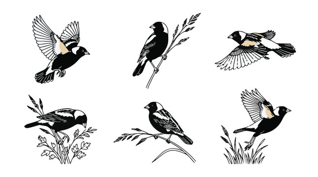 Bobolink Songbird Vector Set Flying and Perching Line Art
