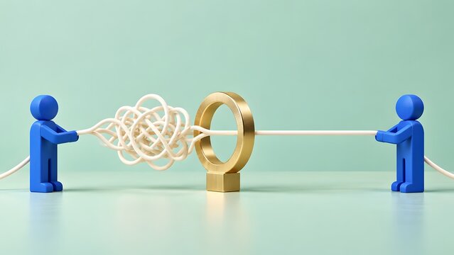 3D minimalist concept of two figures pulling rope through golden ring, transforming tangled knot into straight line representing problem solving and business solution.