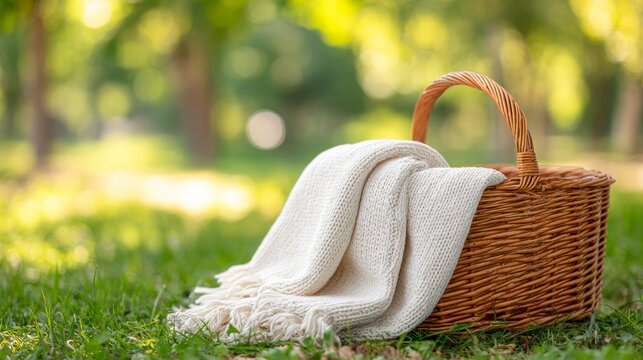 A Serene Picnic Scene Featuring a Woven Basket with a Cozy White Blanket Surrounded by Lush Green Grass and Soft Natural Light