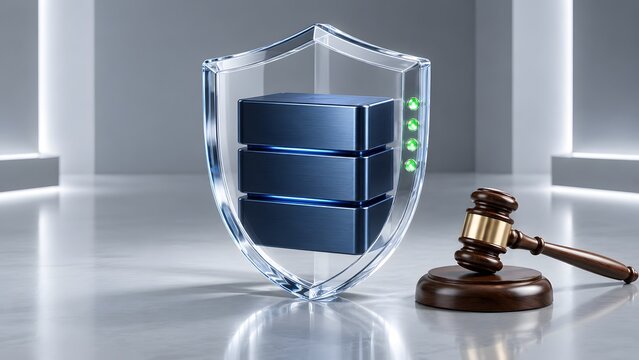 3D illustration of a blue data server inside a transparent glass shield with a judge gavel, representing cybersecurity law, digital privacy rights, and data protection legislation.