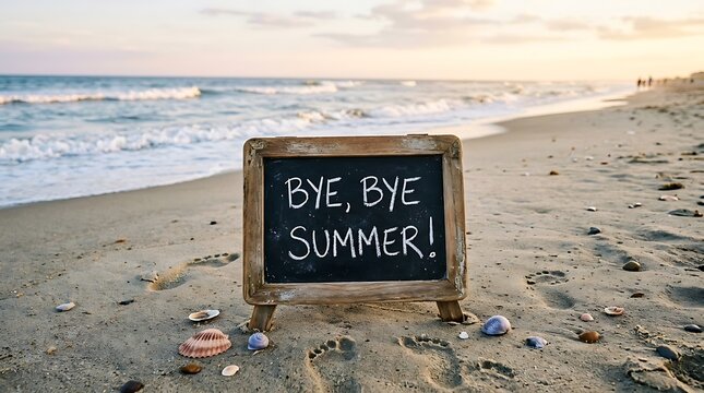 A chalkboard sign with the text bye bye summer sitting on a sandy beach at sunset with ocean waves in the background