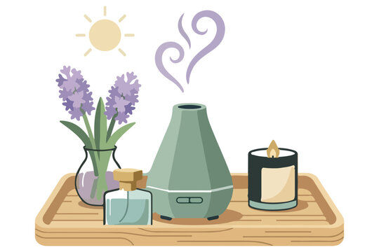  Flat vector illustration of aromatherapy diffuser lavender flowers candle and perfume on wooden tray,