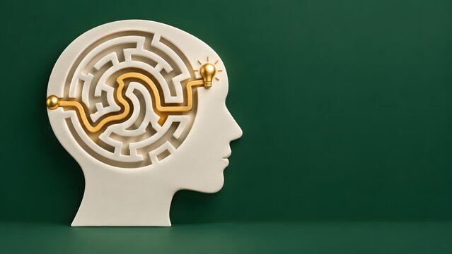 Human head profile featuring a complex maze with a golden path leading to a bright lightbulb, symbolizing problem solving and cognitive solutions.
