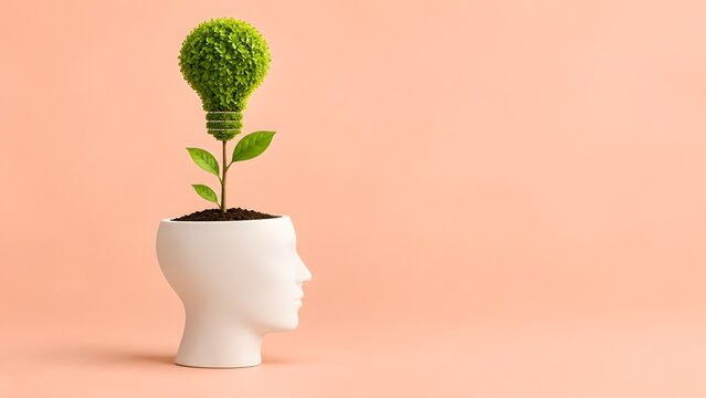 Plant growing inside a human head shaped pot with foliage forming a green lightbulb, representing sustainable innovation and mental growth.