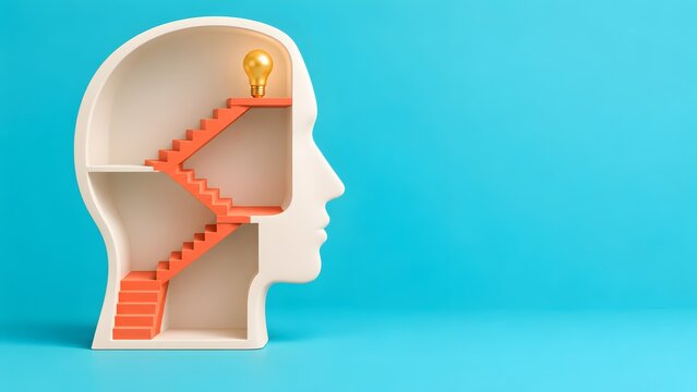 Cross section of a human head containing orange stairs ascending to a glowing golden lightbulb, symbolizing cognitive development and step by step success.