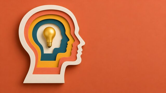 Layered paper cut style human head profile revealing a glowing golden lightbulb at its core, representing deep introspection and creative inner thoughts.