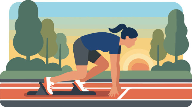  Flat vector illustration of female sprinter at starting blocks on running track during sunset