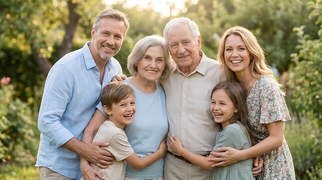 A happy multigenerational family of six standing together in a lush green garden, smiling warmly at the camera during a beautiful sunny day outdoors
