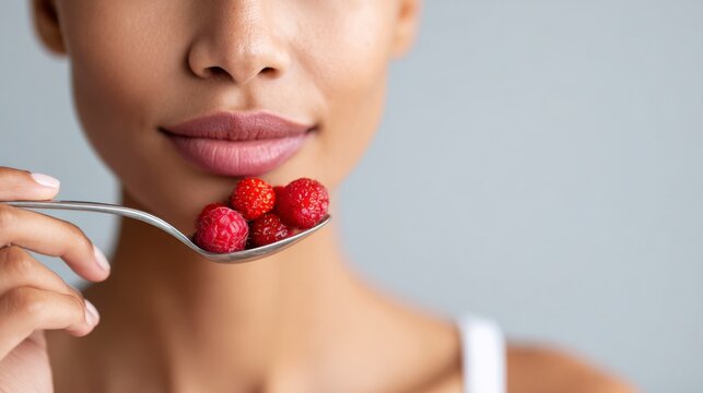 A Close-Up Portrait of a Smiling Woman Holding a Spoonful of Fresh Raspberries, Celebrating the Joys of Healthy Living and Delicious Fruits