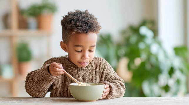 A Young Child Enjoying a Healthy Breakfast, Eating from a Bowl with a Spoon in a Bright, Cozy Kitchen Surrounded by Greenery and Natural Light