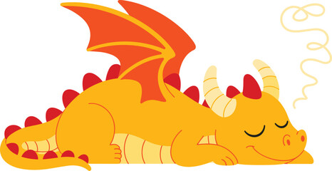 Fototapeta premium Cute Sleeping Yellow Dragon Cartoon Character Vector Illustration with Wings and Horns for Kids Bedtime Stories Nursery Decor and Children Graphic Designs