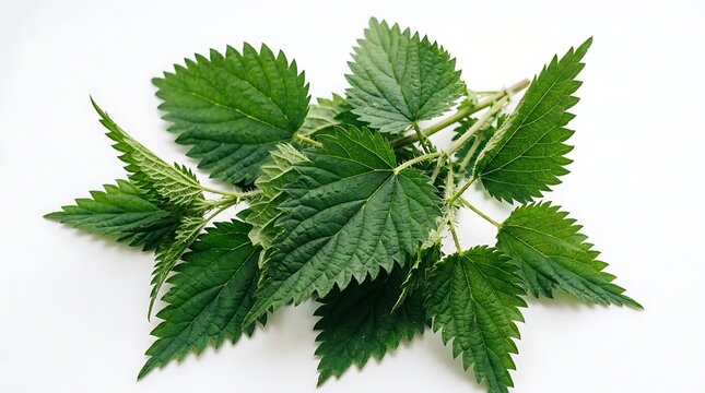 Fresh green stinging nettle leaves isolated on white background