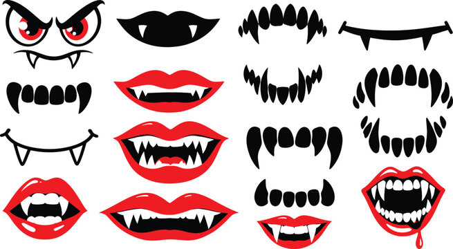 Spooky Vampire Mouth and Fang Vector Collection: A comprehensive set of horror-themed teeth, red lips, and monster grins perfect for Halloween parties, stickers, and digital art assets.