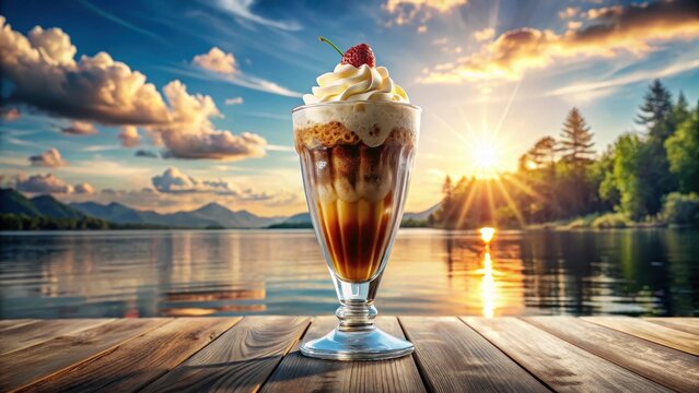 A chilled refreshing soda float with ice cream served in a crystalclear glass floated majestically atop a frosty summer day