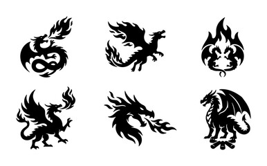 Fototapeta premium Mythical Dragon Silhouettes, Fantasy Creature Vector Icons, Fire Breathing Beasts Set