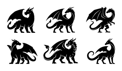 Fototapeta premium Dragon Silhouettes Collection, Mythical Creature Vector Icons, Fantasy Beast Graphics, Black Fantasy Art