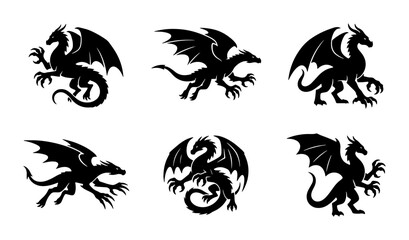 Fototapeta premium Mythical Dragon Silhouettes, Fantasy Creature Vector Icons, Ancient Legend Art, Black & White