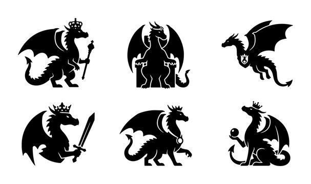 Mythical Dragon Icons, Royal Heraldic Crests, Fantasy Creature Silhouettes, Vector Graphics Set