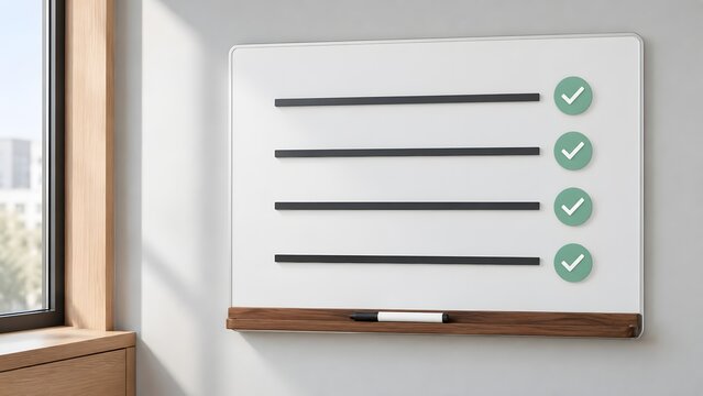 Simple whiteboard with green checkmark magnets and empty lines for to do list task tracking and office organization concept