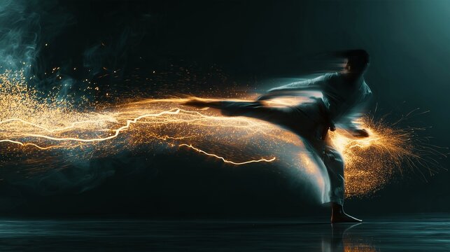 A martial artist unleashing dynamic roundhouse kicks amid flashes of light and sparks like lightning in the darkness