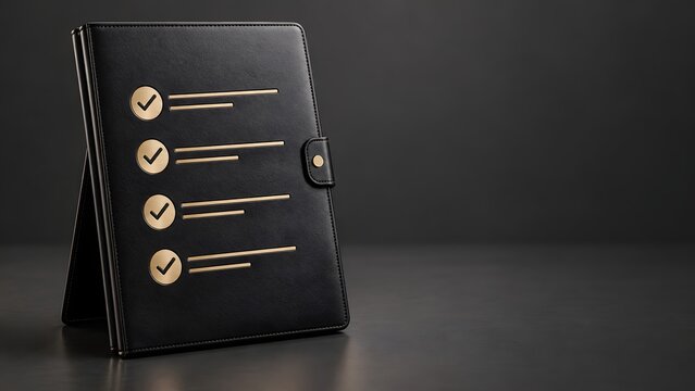 Luxury black leather folio standing on a dark desk with gold debossed checkmarks for premium business task management and executive planning
