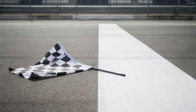 Finish Line Flag: A checkered flag lies on the asphalt of a racing track, marking the end of a competition.