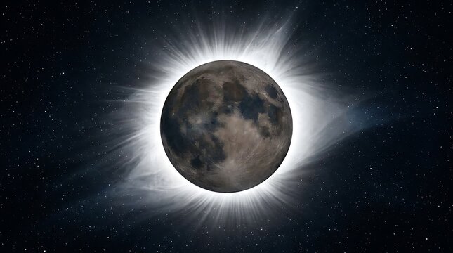 A stunning composite image of a total solar eclipse showing the moon silhouetted against the suns corona with visible lunar surface details against a starry sky