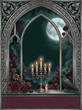 Gothic Halloween Window Frame with Candelabra Crow and Roses