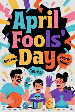 A colorful illustration celebrating April Fools' Day with playful characters and pranks.