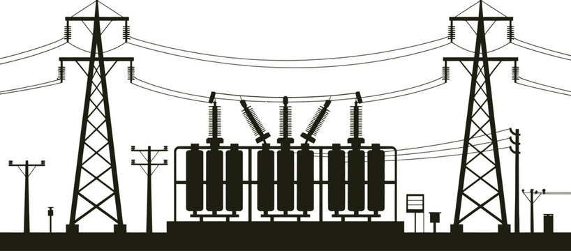 A detailed black silhouette of a voltage electrical substation with large metal towers, power lines, and transformers isolated on a white background