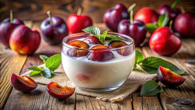 A delicate crystal vase filled with creamy yogurt made from fresh milk blended with sweet red ripe plum