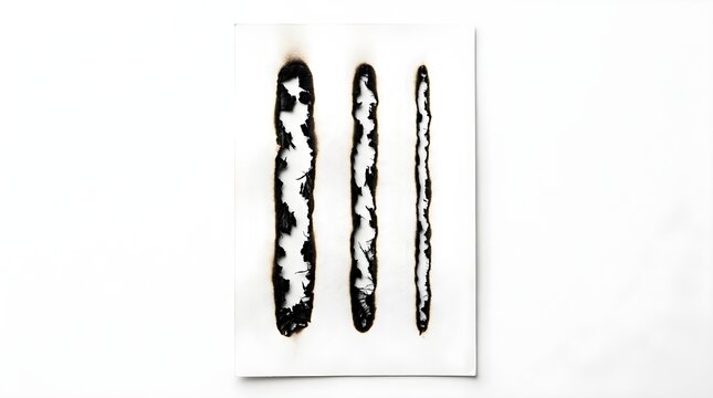 Three vertical stripes of scorched burnt paper texture on a white background with charred texture paper burn fire damage distressed texture burnt edge grunge texture burn mark