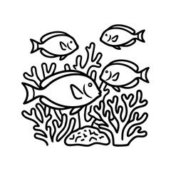Fototapeta premium Black and White Line Art Illustration of Fish Swimming Among Coral Reefs