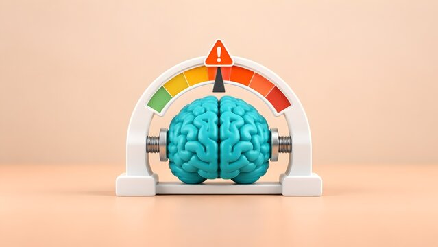 3D rendering of a human brain squeezed in a pressure gauge clamp with a warning sign representing mental stress burnout and anxiety