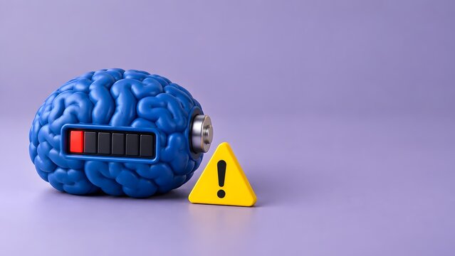 3D illustration of a brain with a low battery indicator and warning sign representing mental exhaustion burnout and cognitive fatigue